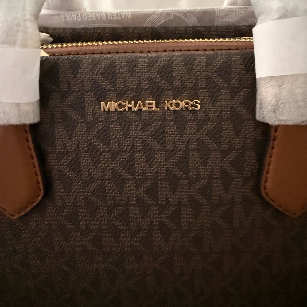 Michael Kors Brown Monogram Satchel with Gold Hardware